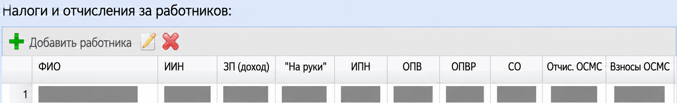 Фрагмент раздела налогов за работников: персональные данные и суммы скрыты